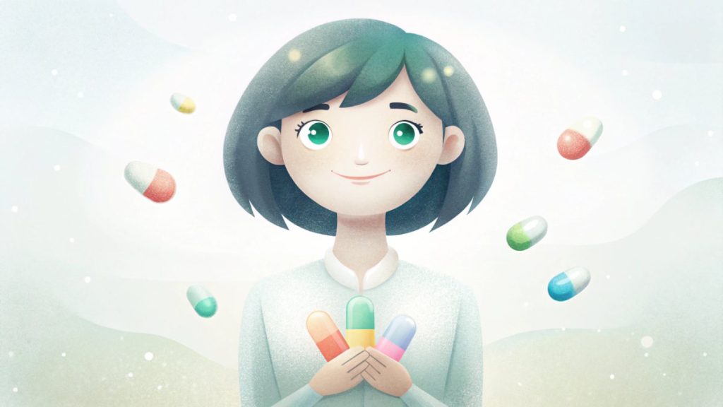 dekle s temnimi lasmi v rokah drzi pisana zdravil in tablete